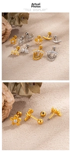 Macro detail of micro-pushed zircon flower and butterfly piercing studs with screw back