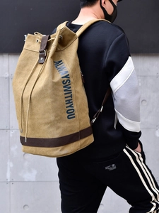 Canvas Drawstring Backpack Cylindrical Bucket Rucksack With PU Leather Trim Laptop Compartment Vintage Casual Street Style