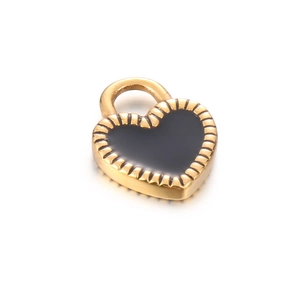 Golden heart-shaped stainless steel pendant with black enamel inlay for DIY jewelry design