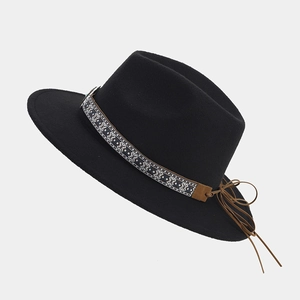 Sombrero panamá clásico de fieltro negro con cinta de estilo étnico y cordón de cuero