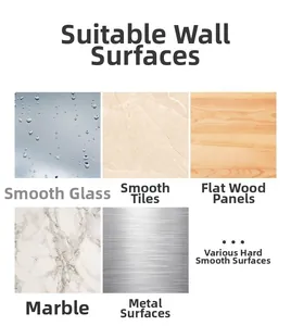 Guide showing suitable surfaces like glass, tile, wood, marble and metal for hooks