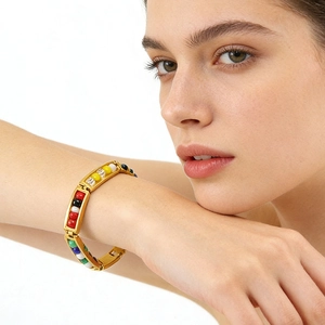 Colorful Bead Bracelet 18K Gold Plated Stainless Steel Geometric Rectangle Link Minimalist Jewelry For Women Fashion