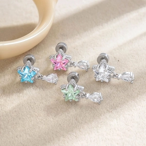 Star zircon stud earrings with teardrop pendants in blue, pink, clear and green
