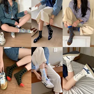 Women's cotton crew socks set featuring vintage stripes and floral patterns in daily scenes