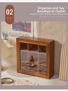 Detailed macro view of retro nine-grid wooden box with glass lid for jewelry storage