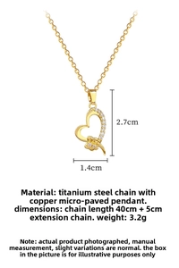 Detail showing titanium steel chain dimensions and heart pendant with micro-inlaid zircons