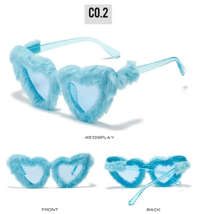 Detailed three-way view of heart-shaped sunglasses featuring blue plush fur trim