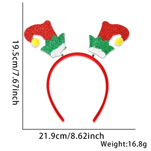 Elf hat headband detail showing 19.5cm height and glittery festive party decorations