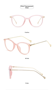 Three-angle view of pink cat-eye glasses frames with gold metal temples on white background