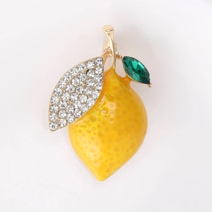 Fresh lemon enamel brooch with yellow fruit body, sparkling silver leaves and gold trim