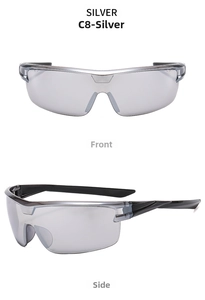 Front and side views of white silver mirrored sports sunglasses for outdoor cycling