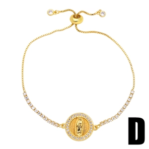 Adjustable gold Virgin Mary bracelet with square zircon stones and box chain