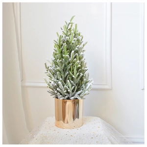 Mini 45cm flocked Christmas tree with snow effect on a golden mirror metal base