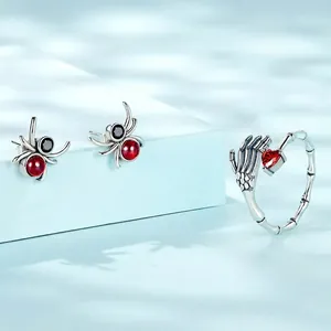925 silver Halloween skull jewelry set with spider earrings and red heart ring