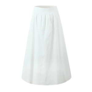 Detail view of the white high-waisted A-line maxi skirt with elegant pleated hemline