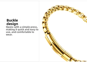 Detail of a golden box chain bracelet featuring a secure push-button locking clasp mechanism