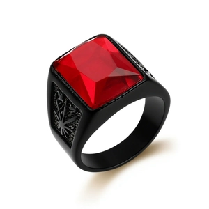 Men's black matte stainless steel ring with large square red gemstone and leaf motifs