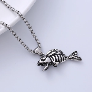 Vintage silver fish bone pendant necklace in stainless steel with chunky round chain