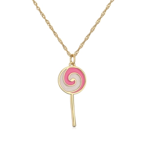 Detail of 18K gold plated necklace with pink and white enamel lollipop pendant