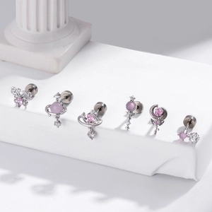 Set of six silver stainless steel cartilage studs with pink and purple zircon gemstones