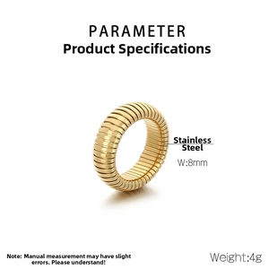 Close-up of 8mm gold stainless steel ring featuring a detailed spiral ribbed texture