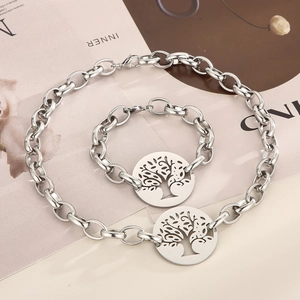 Chunky stainless steel chain necklace and bracelet set with Tree of Life pendant
