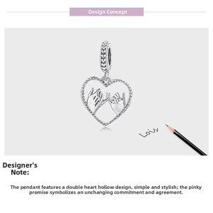 Detail of S925 silver hollow heart charm with pinky swear gesture and beaded edge texture