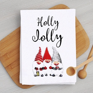 Christmas gnomes microfiber kitchen towel with Holly Jolly print on wooden board