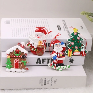 Set of 4 festive Christmas ornaments featuring Santa, gingerbread house, and Xmas tree