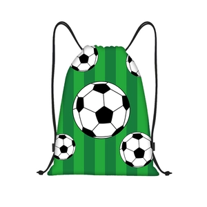 Detail of green striped drawstring backpack with classic black and white football patterns