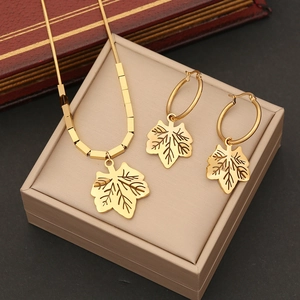 Hollow Maple Leaf Pendant Necklace And Earrings Stainless Steel Gold Tone Snake Chain Fashion Jewelry For Women