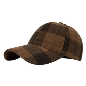 Retro brown plaid wool baseball cap with curved brim for autumn and winter fashion