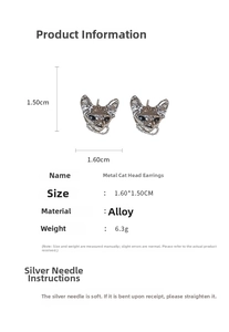 Detail view of silver cat head stud earrings with chain and 1.60x1.50cm size dimensions