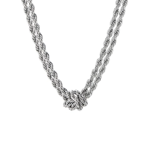 Silver vintage double-layer twisted rope chain necklace with a knot pendant centerpiece