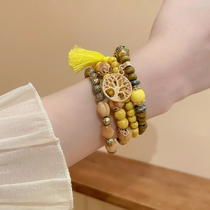 Bohemian multilayer sandalwood beads bracelet with yellow tassel and tree of life charm