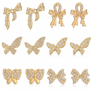 Bowknot Butterfly Stud Earrings 18K Gold Plated Copper With Zircon Rhinestone Vintage Simple Elegant Style For Women