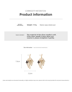 Detail of hollow leaf drop earrings with pearl and butterfly, 7.8cm length, 17.7g weight