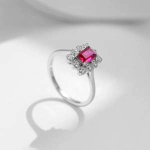 Elegant S925 sterling silver ring featuring a rectangular pigeon blood red ruby and diamonds