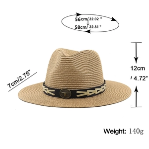 Brown Panama straw fedora hat with bull head buckle and detailed size measurements