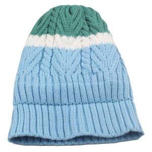 Three-color cable knit beanie with warm fleece lining and ribbed cuff in green white and blue