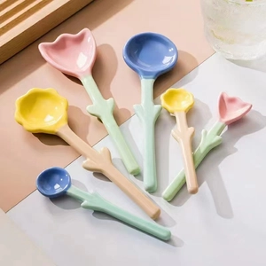 Set of 6 colorful floral ceramic spoons with long stems featuring tulip flower shapes