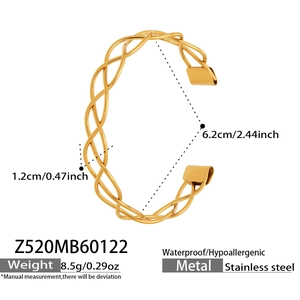 Detail of PVD gold plated hollow braided bracelet showing 6.2cm inner diameter