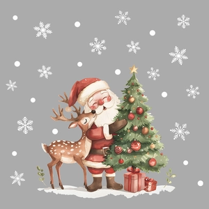 Christmas window stickers featuring Santa Claus, reindeer, and a decorated tree design