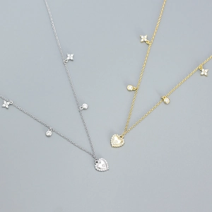 Heart Pendant Necklace With Sparkling Zirconia Multiple Charms 925 Sterling Silver Elegant Clavicle Chain Jewelry