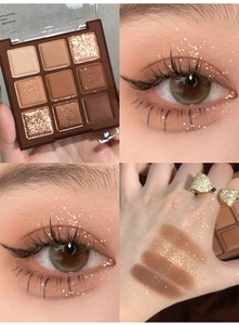 Nine-color chocolate brown eyeshadow palette with matte and shimmer swatches on skin