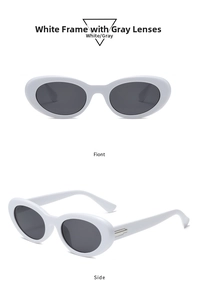 Front and side view of retro white oval sunglasses with gray lenses and silver metal detail