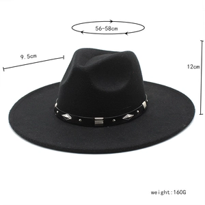 Detailed dimensions of wide brim wool fedora hat with studded band showing 9.5cm brim size