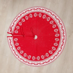 Knitted 120cm Christmas tree skirt with red reindeer and white snowflake motifs