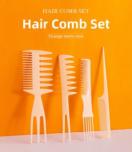 Detail view of pink four-piece hair comb set including wide-tooth and tail combs on orange background