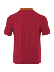 Macro detail of dark red knit texture and orange collar trim on men polo shirt back